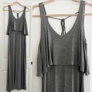 Grey Sleeveless Tank Top Maxi Dress With Ruffle & Back Tie -Soft & Stretchy